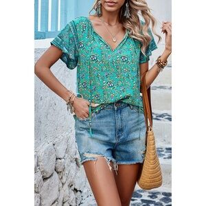 Green Boho Floral Print V Neck Patchwork Short Sleeve Blouse
